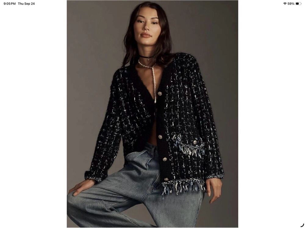 By Anthropologie Tweed Fringe Cardigan Sweater Black Blue Gold Button Size Small
